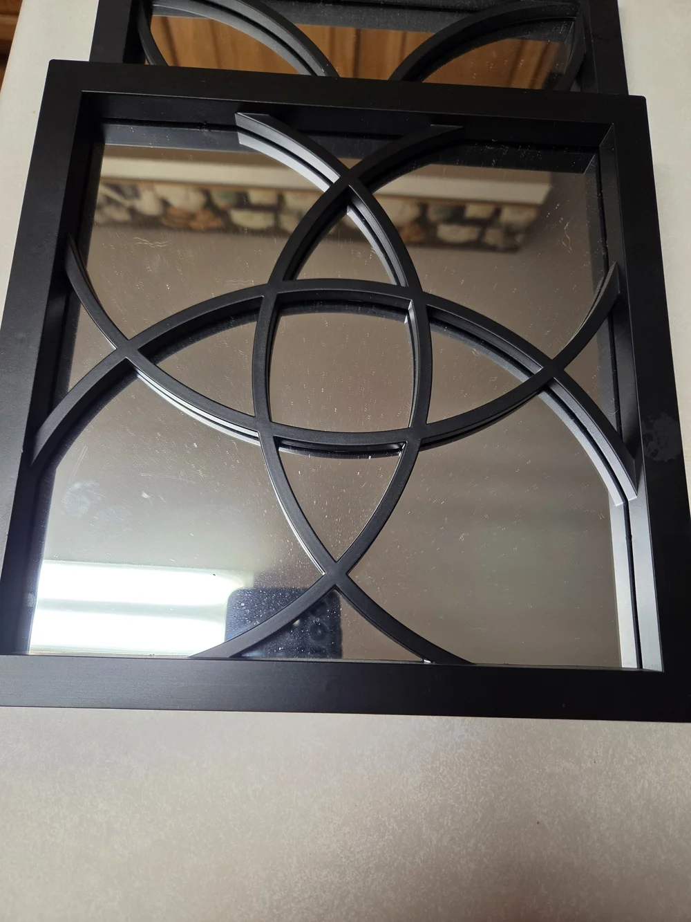 Black Decorative Square Wall Mirror with Floral Geometric Overlay